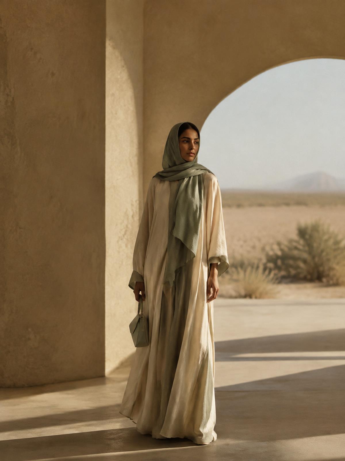 Editorial fashion portrait — flowing neutral garments in warm minimalist architecture